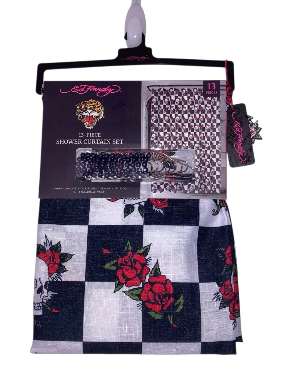 Ed Hardy Checkerboard Rose Shower Curtain Set - Black, White, Red. NEW